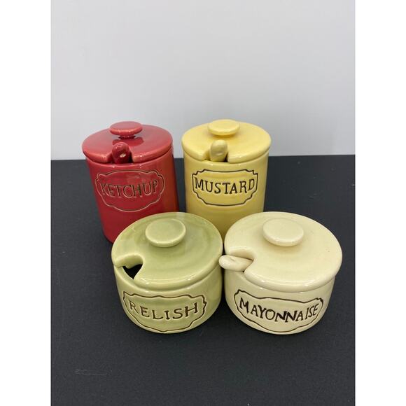 Pottery Barn Condiment Set Ceramic Vintage Style Ketchup Mustard Mayo Relish - Picture 2 of 7